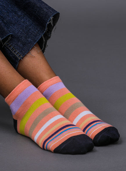 Women's Cotton Ankle Length Socks - Rainbow Color Striped Pattern