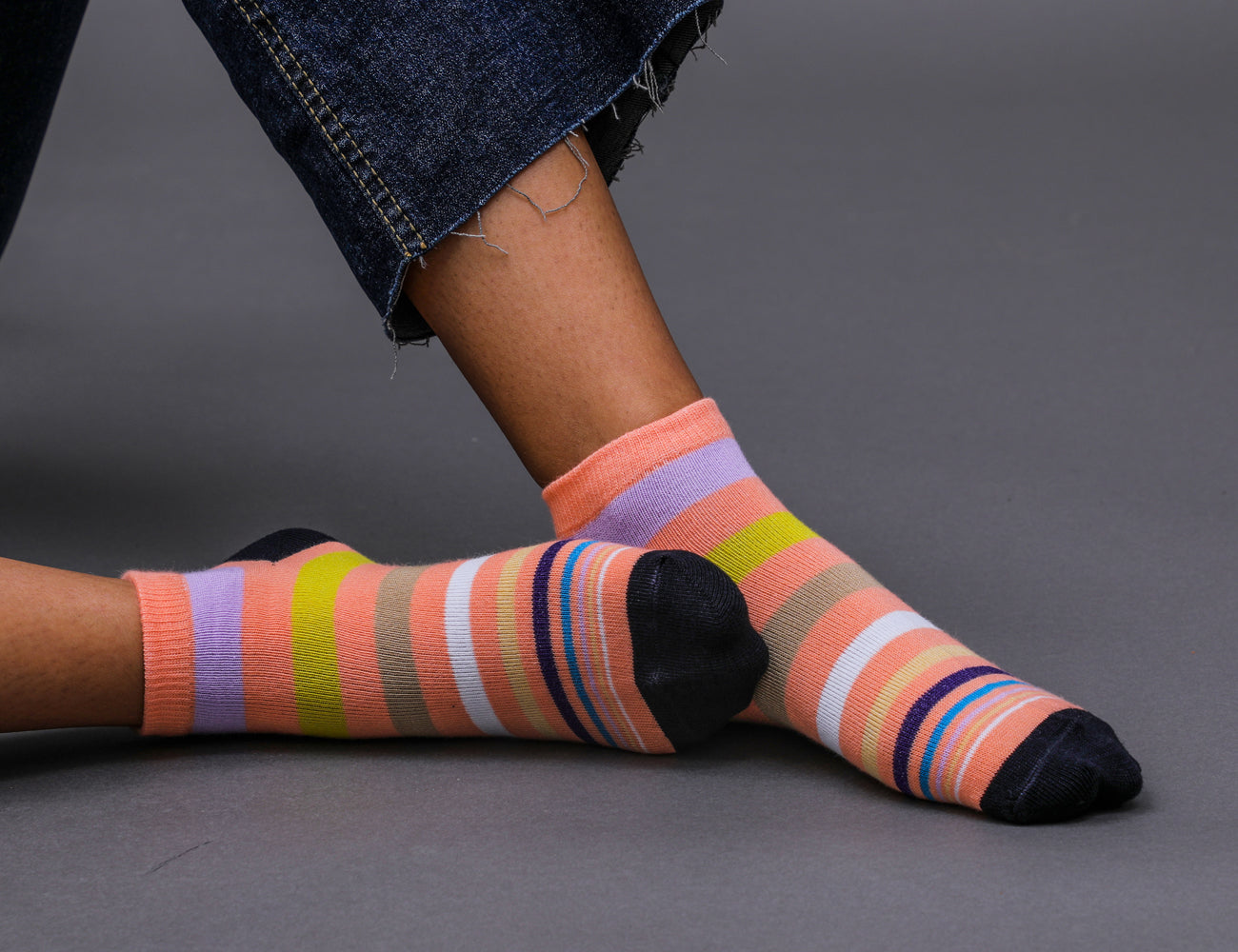 Women's Cotton Ankle Length Socks - Rainbow Color Striped Pattern