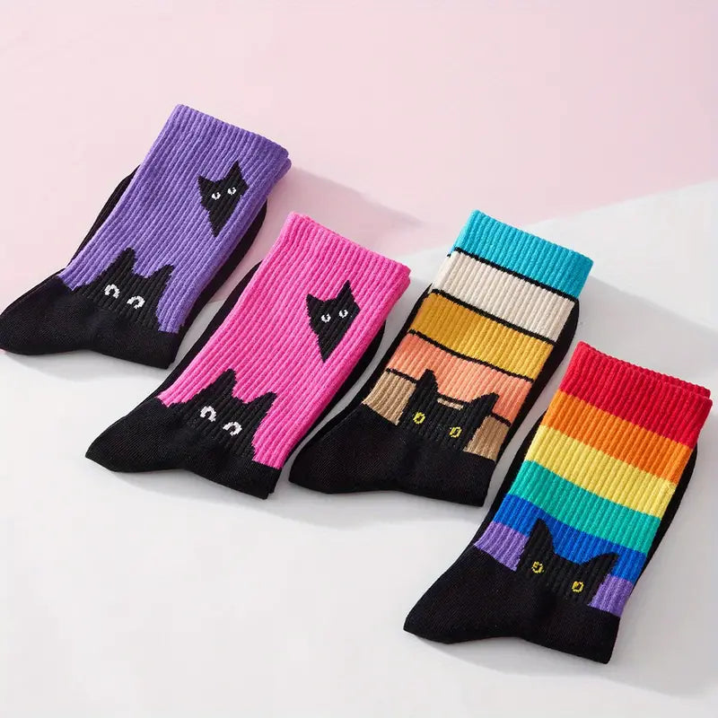 (5 Pairs) Men's Mid-Calf Crew Socks with Black Cat Pattern – Breathable, Comfortable, All-Match Fashion Socks for Spring and Summer