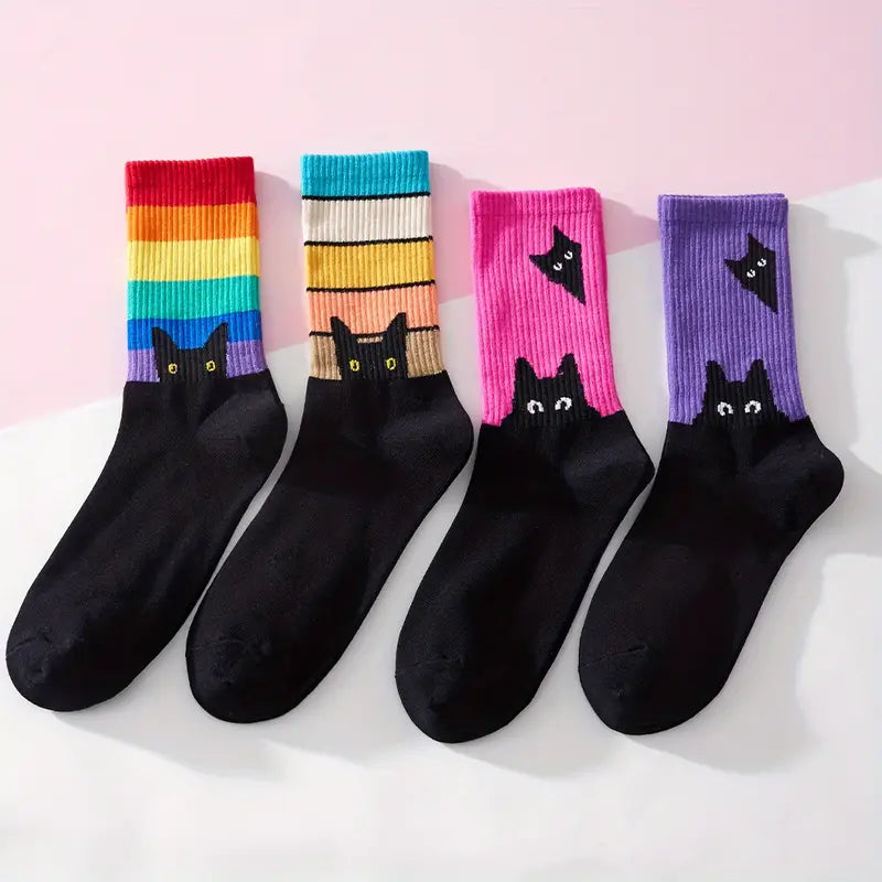 (5 Pairs) Men's Mid-Calf Crew Socks with Black Cat Pattern – Breathable, Comfortable, All-Match Fashion Socks for Spring and Summer