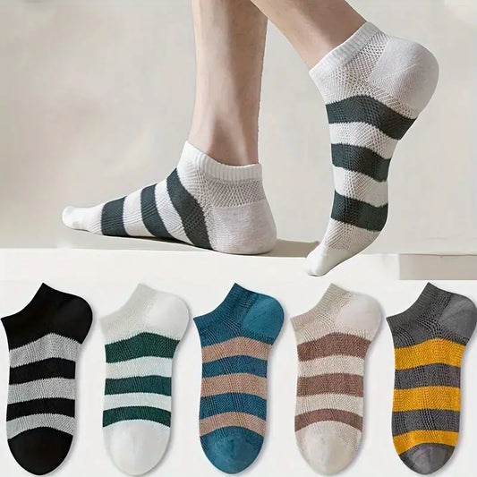 Fashionable Men's Stripe Pattern Thin Low Cut Socks - Anti Odor, Sweat Absorption, Comfy & Breathable - 5 Pairs