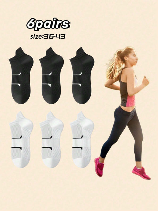 Black White Women Sports Socks Plus Size (36-43) - 6 Pairs