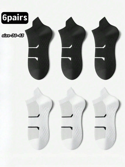 (6 Pairs) Black White Women Sports Socks Plus Size (36-43)