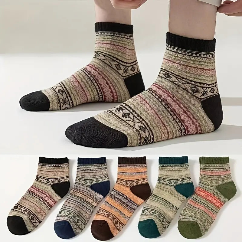 (5 Pairs) Women's Fashion Ethnic Striped Socks – Breathable & Comfortable Casual Socks for All-Season Outdoor Wear