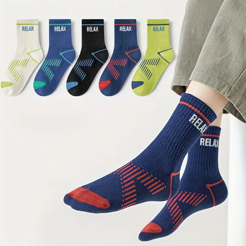 (5 Pairs) Boys' Trendy Striped Letter Pattern Crew Socks – Cotton Blend, Breathable, Comfortable, Unisex Casual Socks for All-Season Outdoor Wear