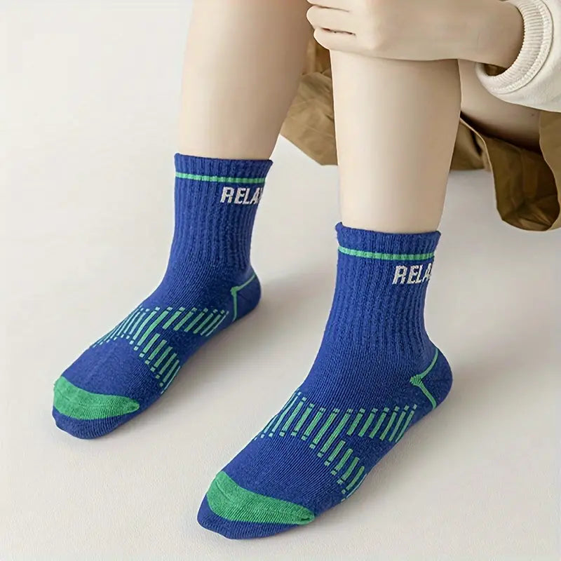 (5 Pairs) Boys' Trendy Striped Letter Pattern Crew Socks – Cotton Blend, Breathable, Comfortable, Unisex Casual Socks for All-Season Outdoor Wear