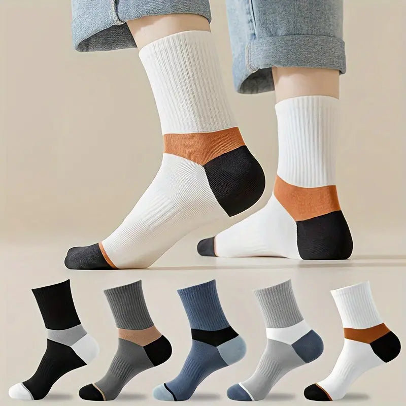 (5 Pairs) Block Mens Crew Socks - Breathable, Anti-Odor, Sweat Absorbing, and Quick Drying - 5 Pairs of Vibrant Color