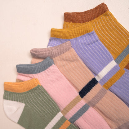 (5 Pairs) Ultra-Comfortable Striped Ankle Socks - Low-Cut, No-Show, Thin, and Versatile for All Seasons