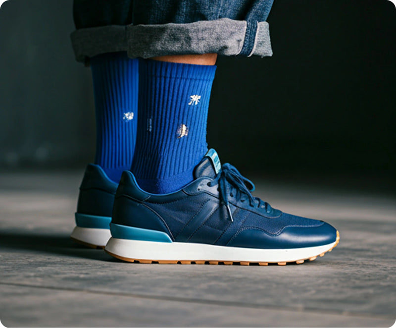Blue sneakers and socks on a person standing on a concrete floor.