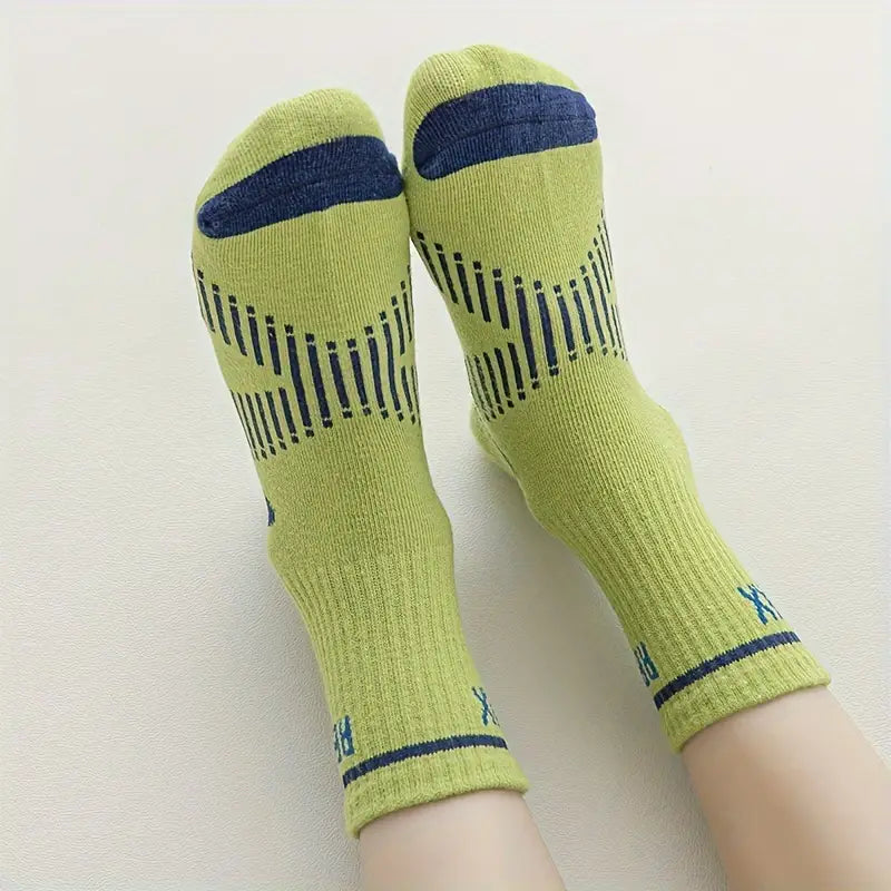 (5 Pairs) Boys' Trendy Striped Letter Pattern Crew Socks – Cotton Blend, Breathable, Comfortable, Unisex Casual Socks for All-Season Outdoor Wear