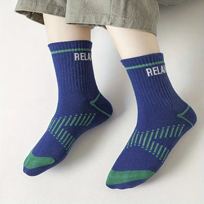 (5 Pairs) Boys' Trendy Striped Letter Pattern Crew Socks – Cotton Blend, Breathable, Comfortable, Unisex Casual Socks for All-Season Outdoor Wear